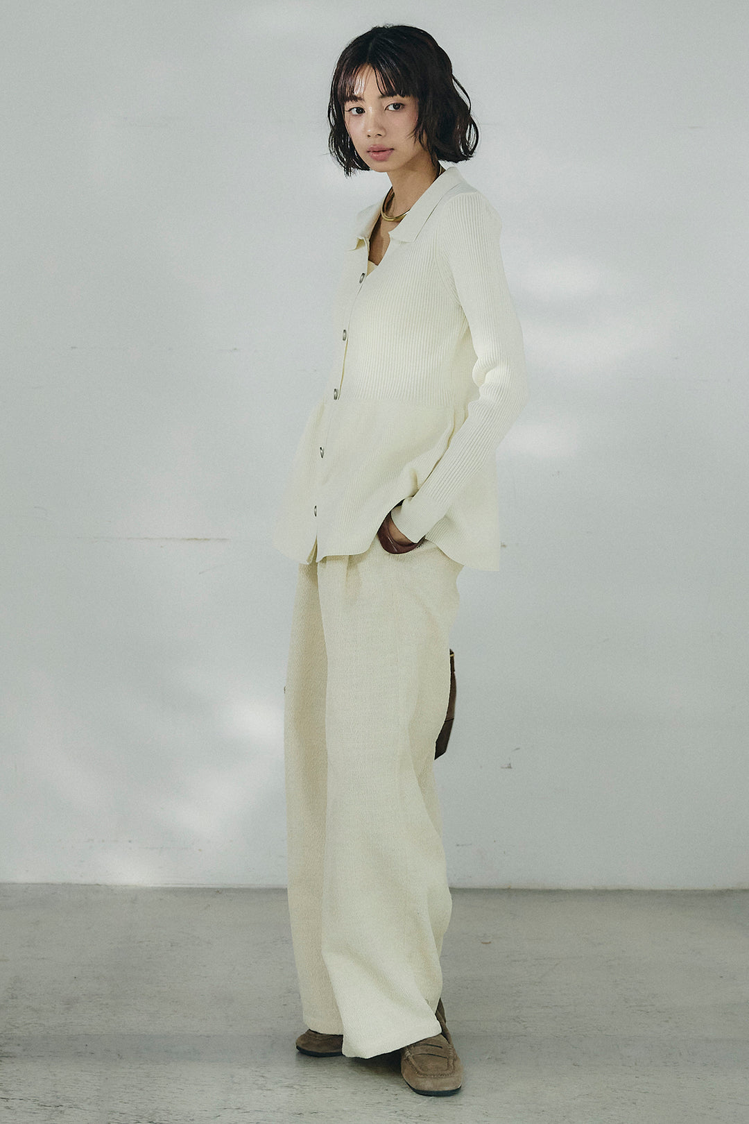 [SET]スキッパーペプラムニット+デニムライクヘリンボーンタックパンツ(2set)