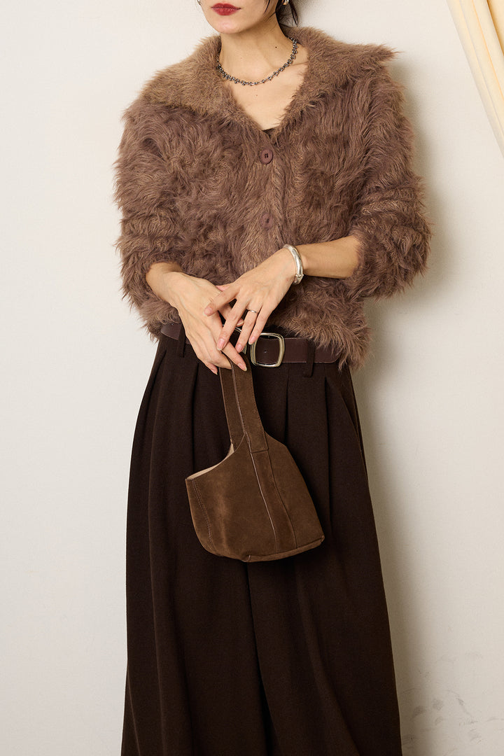 [SET]襟付きシャギーニットカーディガン+フェイクレザー太ベルト付きタックワイドパンツ(2set)