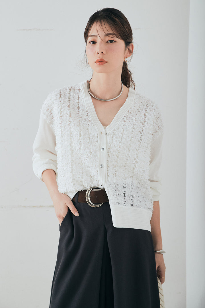 [SET]モコレースVネックカーディガン+太ベルト付きフロントタックパンツ(2set)