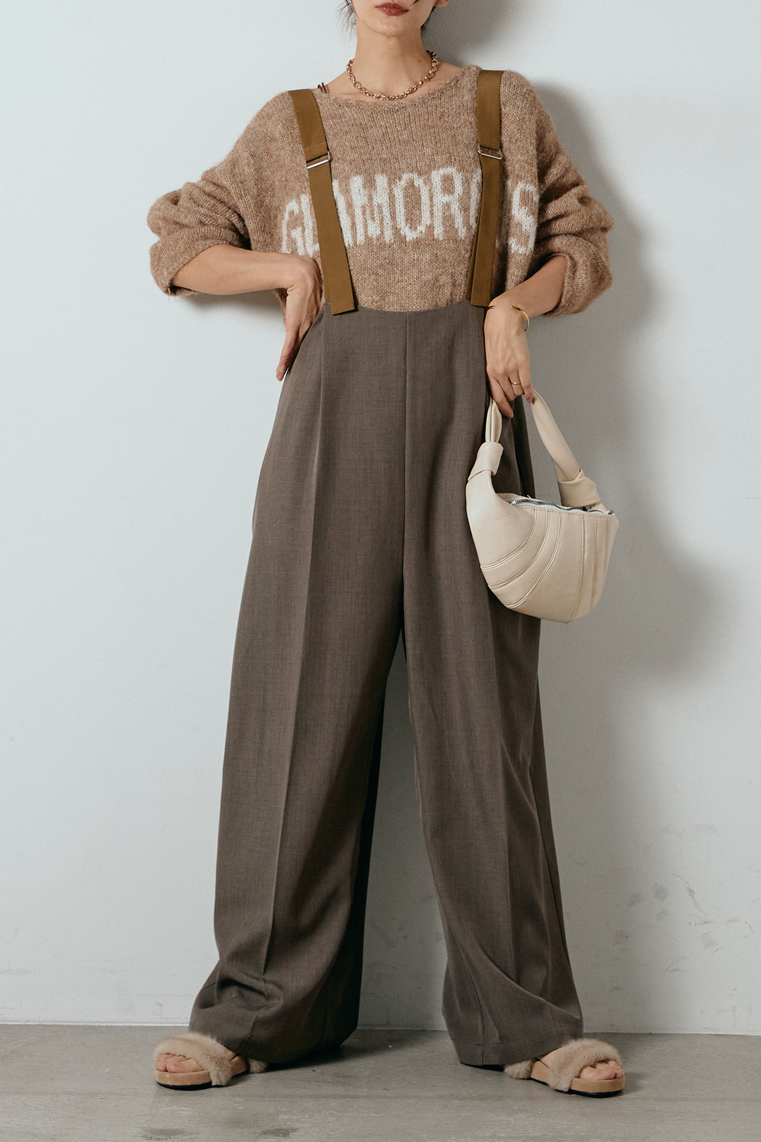 [SET]フロントロゴデザインニットトップス+ワイドツイルサロペット(2set)