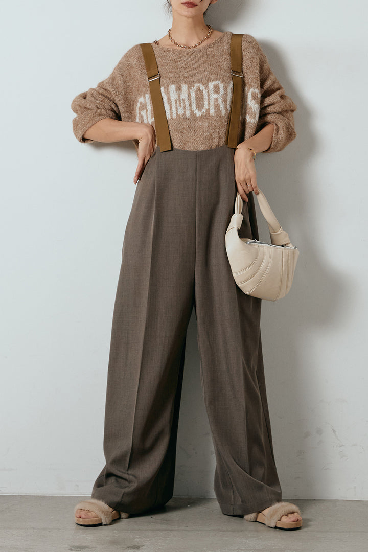 [SET]フロントロゴデザインニットトップス+ワイドツイルサロペット(2set)