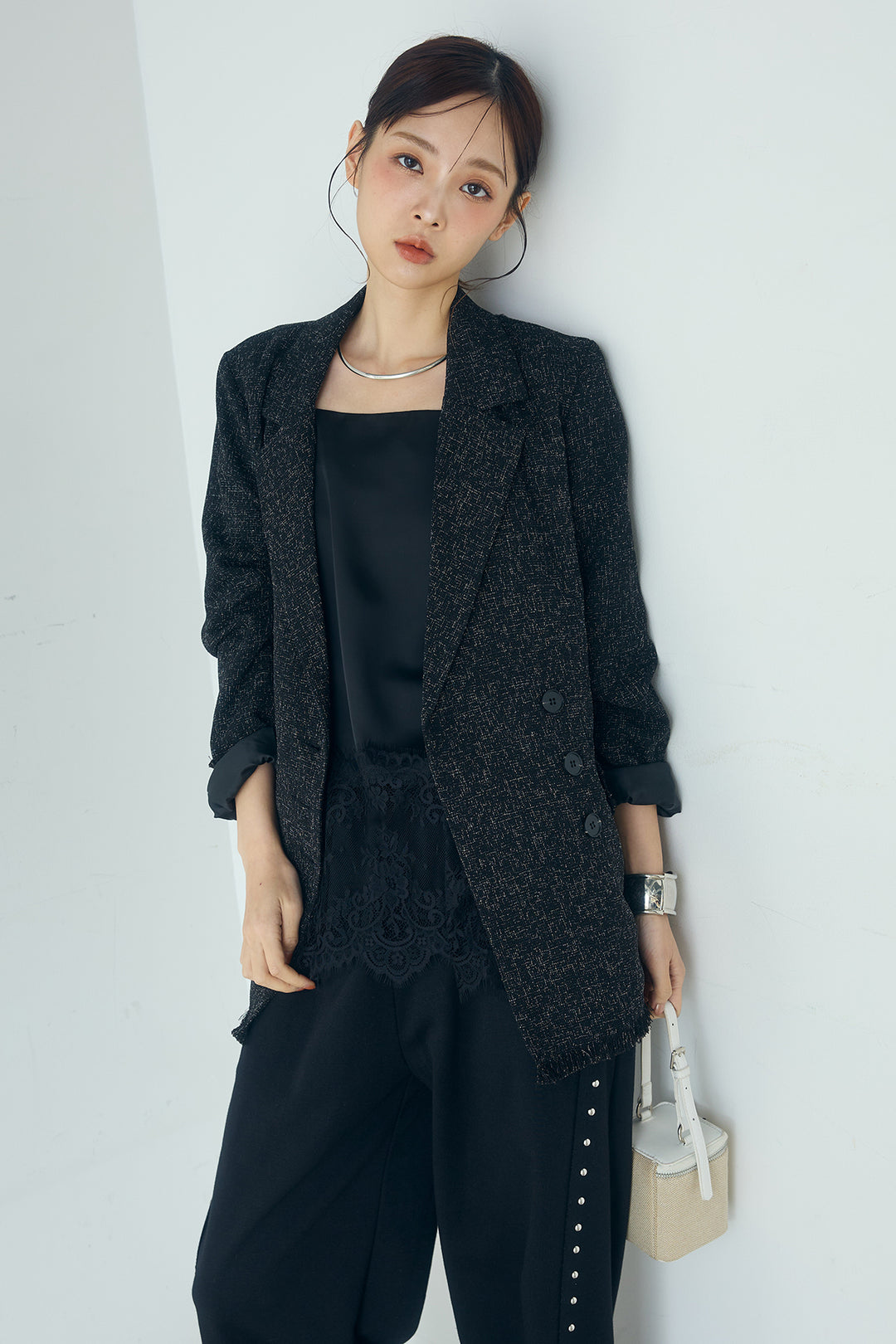 [SET]スラブネップツイードフリンジテーラードジャケット+サイドデザイン入りスウェットパンツ(2set)