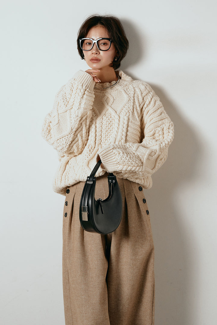 [SET]アラン柄ミックスケーブルニット+サイドボタンツイードタックパンツ(2set)