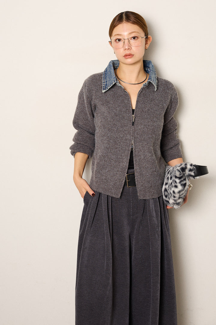 [SET]デニム襟ダブルジップニットトップス+ベルトループコーデュロイワイドパンツ(2set)