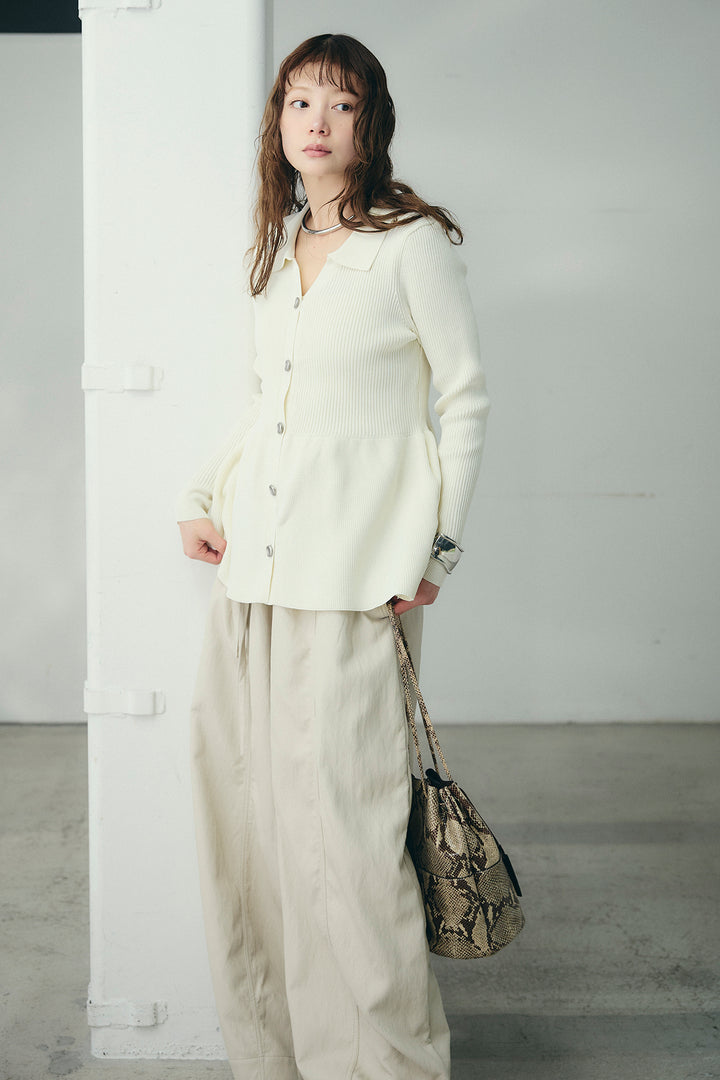 [SET]スキッパーペプラムニット+フェイクレザーカーブワイドパンツ(2set)