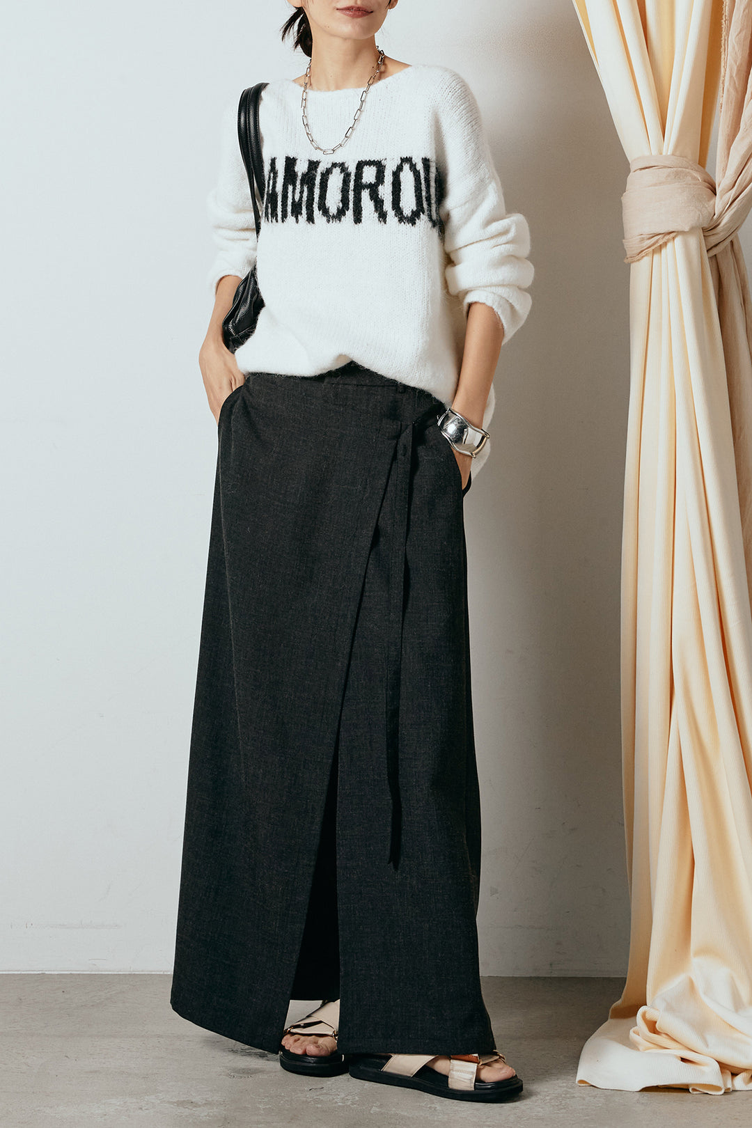 [SET]フロントロゴデザインニットトップス+ラップ巻きワイドスラックス(2set)