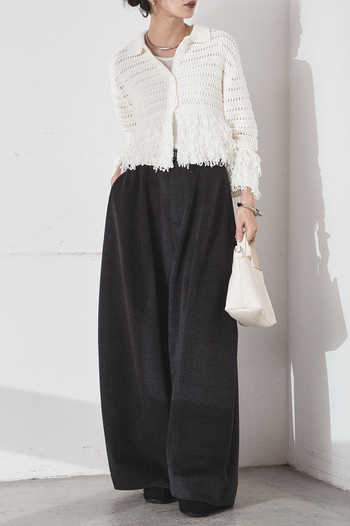 [SET]メッシュフリンジカーディガン+ウールタッチカーブワイドパンツ(2set)