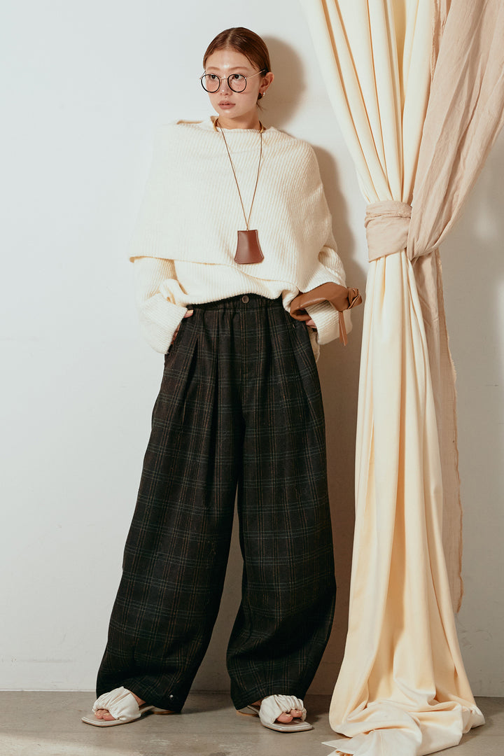 [SET]ケープデザインリブニットトップス+タータンチェック柄タックパンツ(2set)