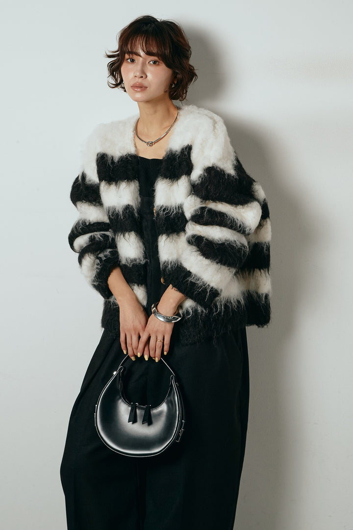 [SET]シャギーボーダー柄ニットカーディガン+ウール混フランネルワイドサロペット(2set)