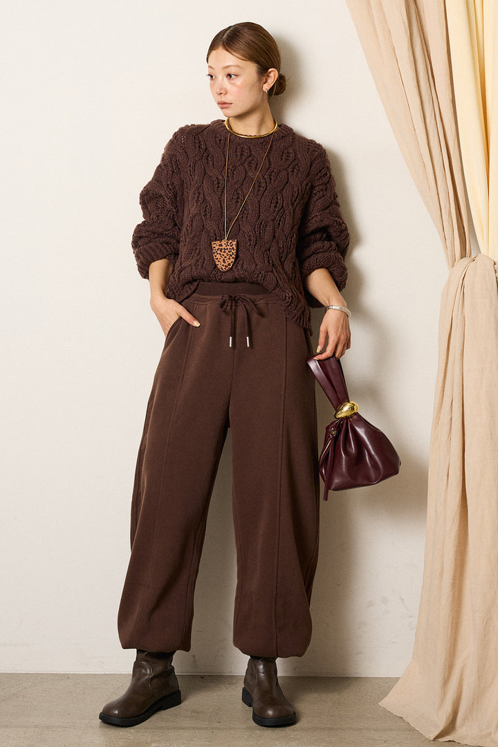 [SET]ケーブルリラックスショートニット+スウェットワイドカーブパンツ(2set)