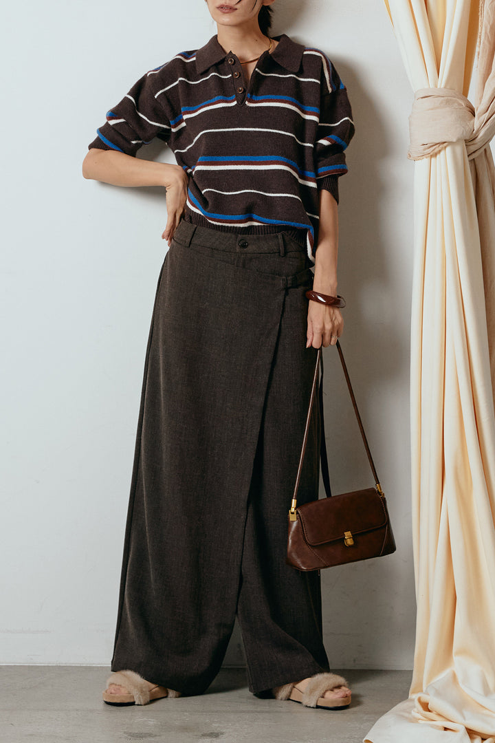 [SET]襟付きマルチボーダーニットポロトップス+ラップ巻きワイドスラックス(2set)