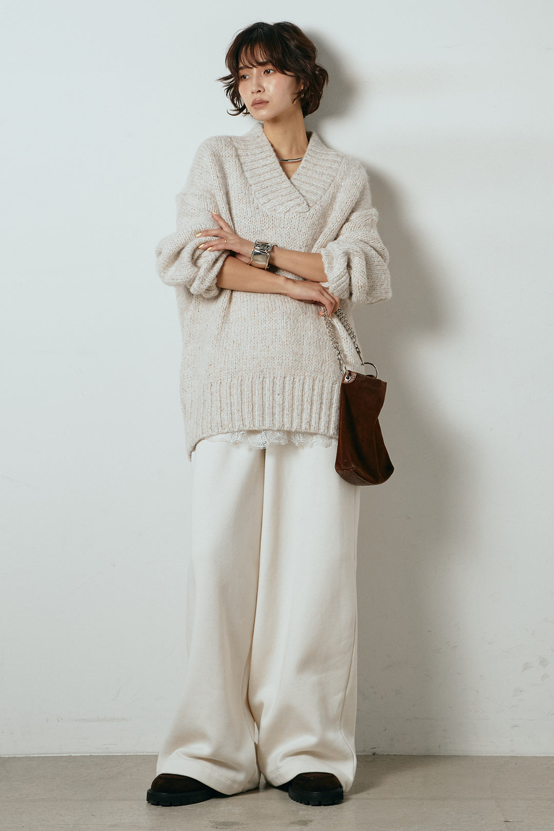 [SET]Vネックラメニットトップス+レース切り替えキャミソール(2set)