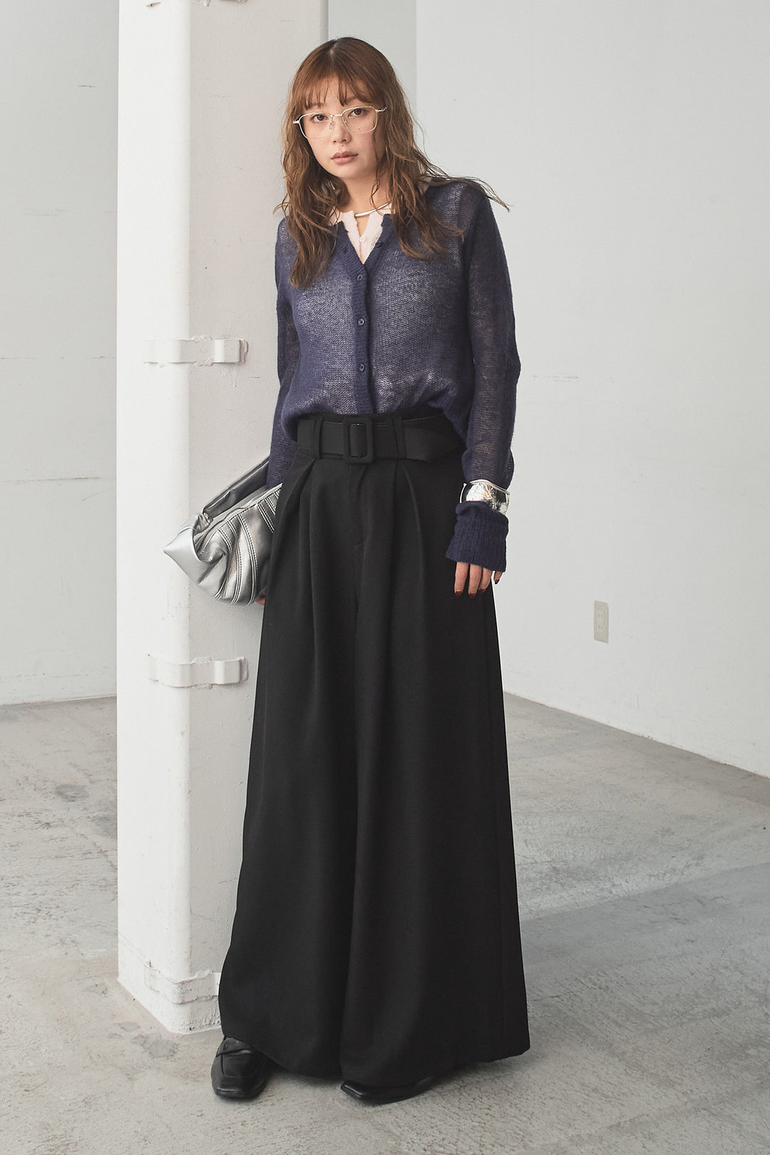 [SET]モヘア透かし編みレイヤードアンサンブルセット+ベルト付きツータックワイドパンツ(2set)