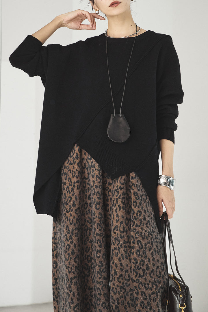 [SET]アシンメトリーデザインニットトップス+リラックスレオパード柄ワイドパンツ(2set)