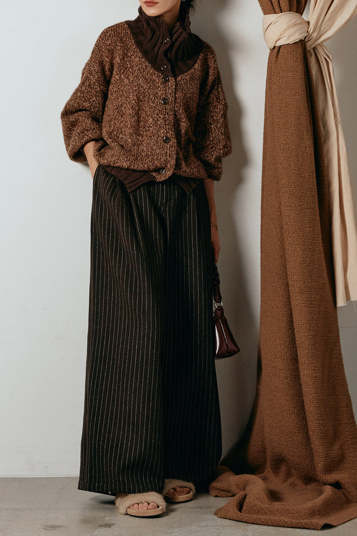 [SET]ハイネックミックスニットカーディガン+ウールライクストライプパンツ(2set)