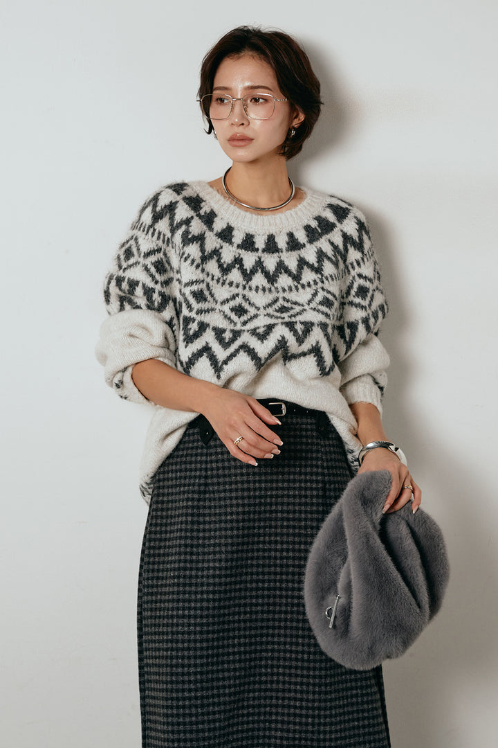 [SET]ノルディック柄Uネックプルオーバー+スエード調ベルト付きチェックナロースカート(2set)