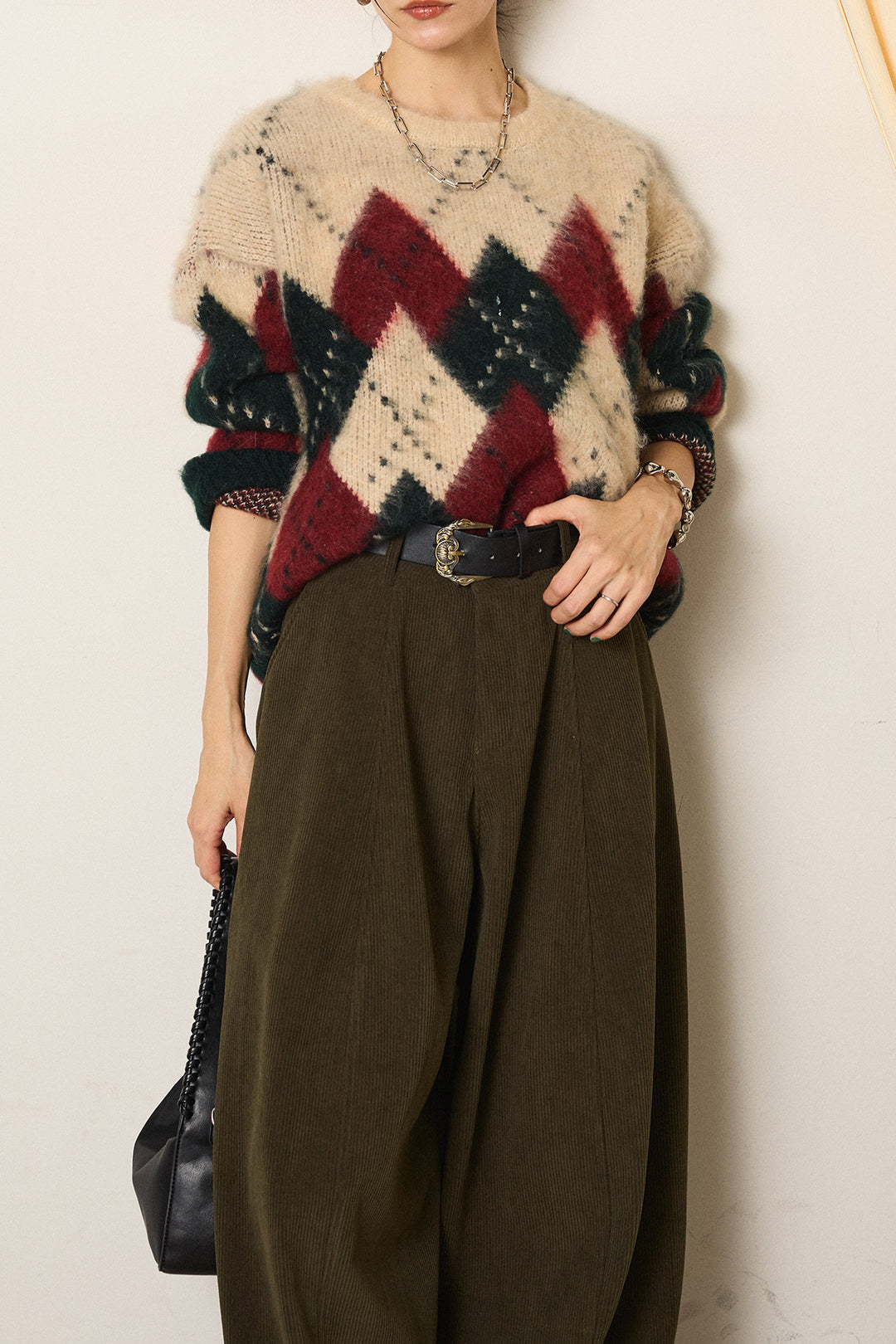 [SET]配色アーガイル柄ニットトップス+ベルト付きコーデュロイワイドパンツ(2set)