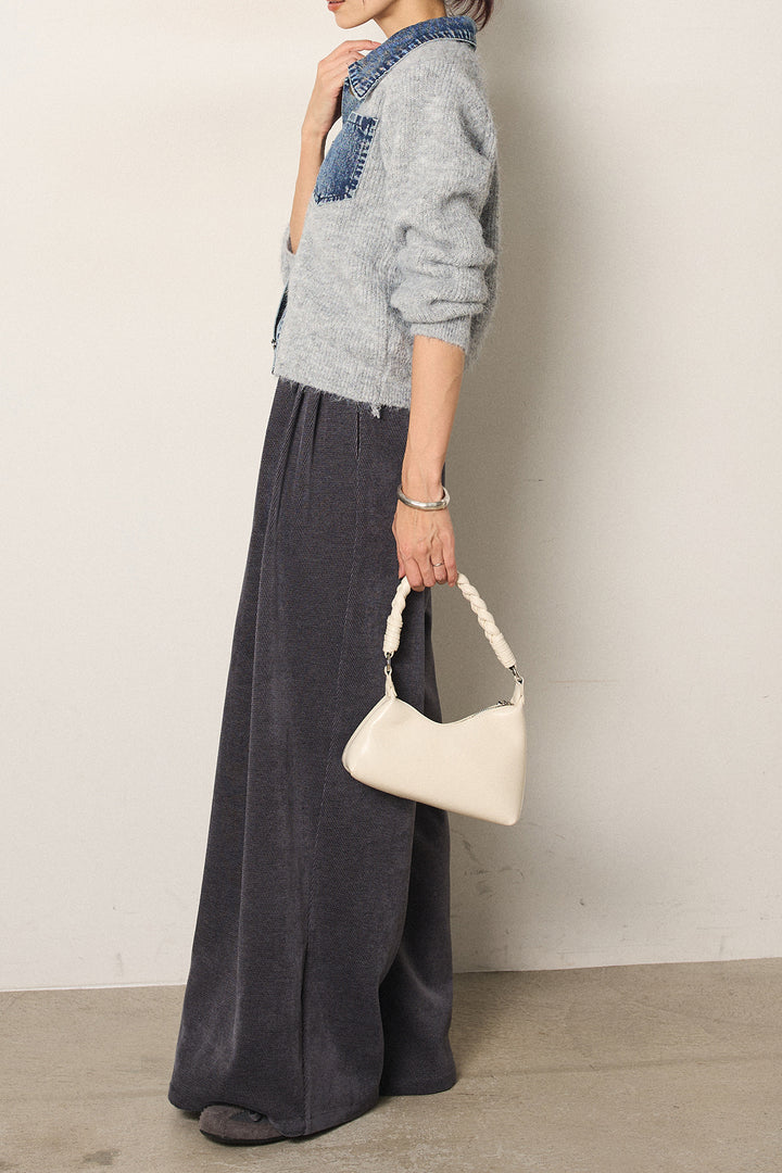 [SET]襟付きデニム切替ニットカーディガン+ベルトループコーデュロイワイドパンツ(2set)