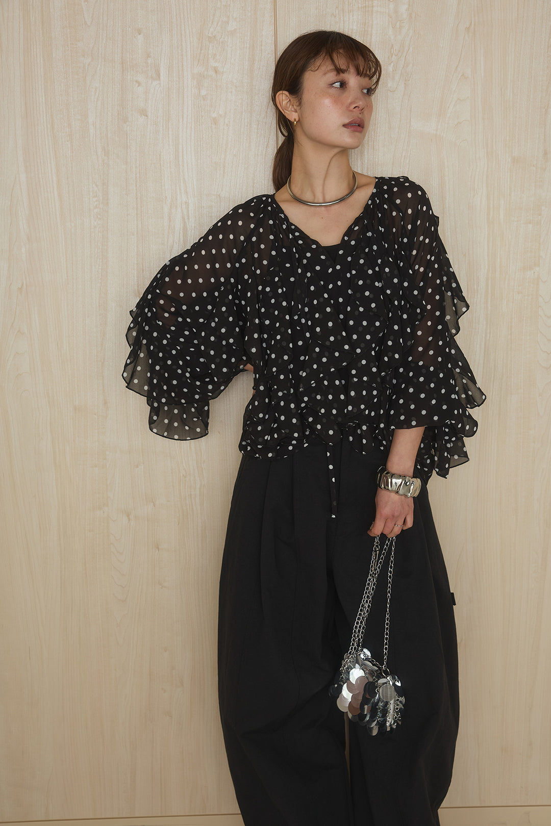 [SET]ドットフリル長袖ブラウス+コットンポリツータックセンターシームカーブパンツ(2set)