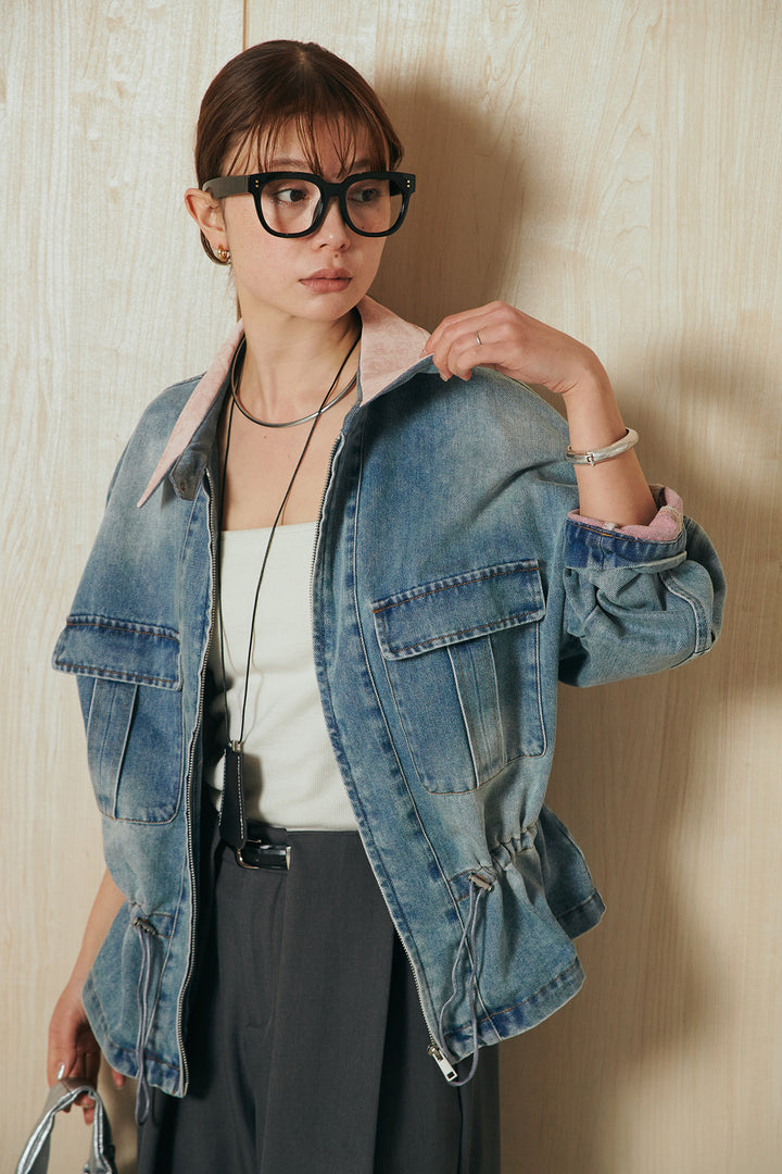 [SET]襟付き配色デニムブルゾン+ビックベルトループタックベルト付きワイドパンツ(2set)