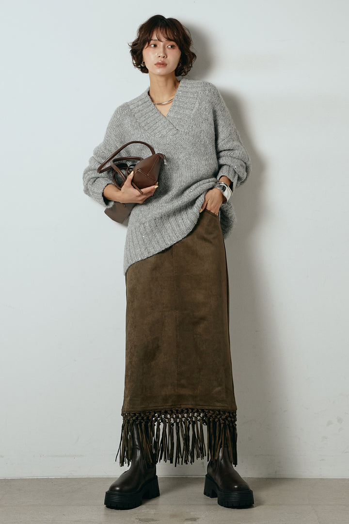 [SET]Vネックラメニットトップス+スウェードライク裾フリンジスカート(2set)