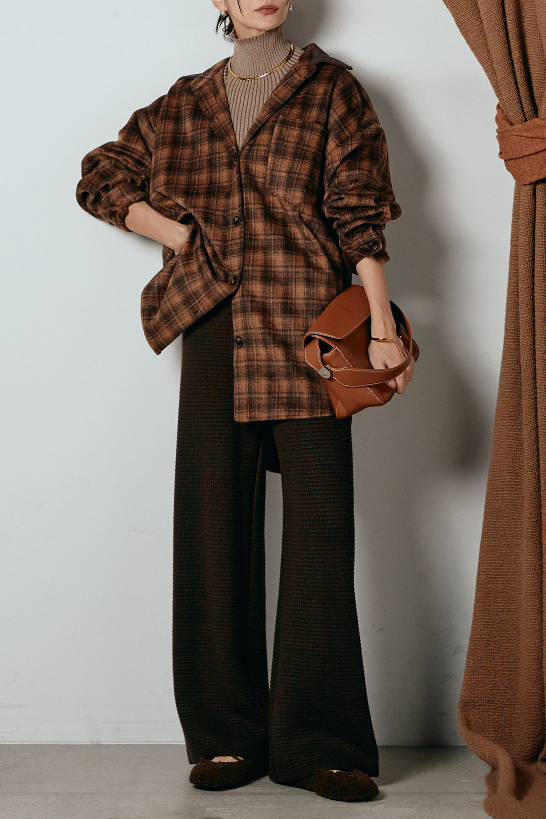 [SET]シャギーチェックシャツジャケット+ワイドリブニットイージーパンツ(2set)