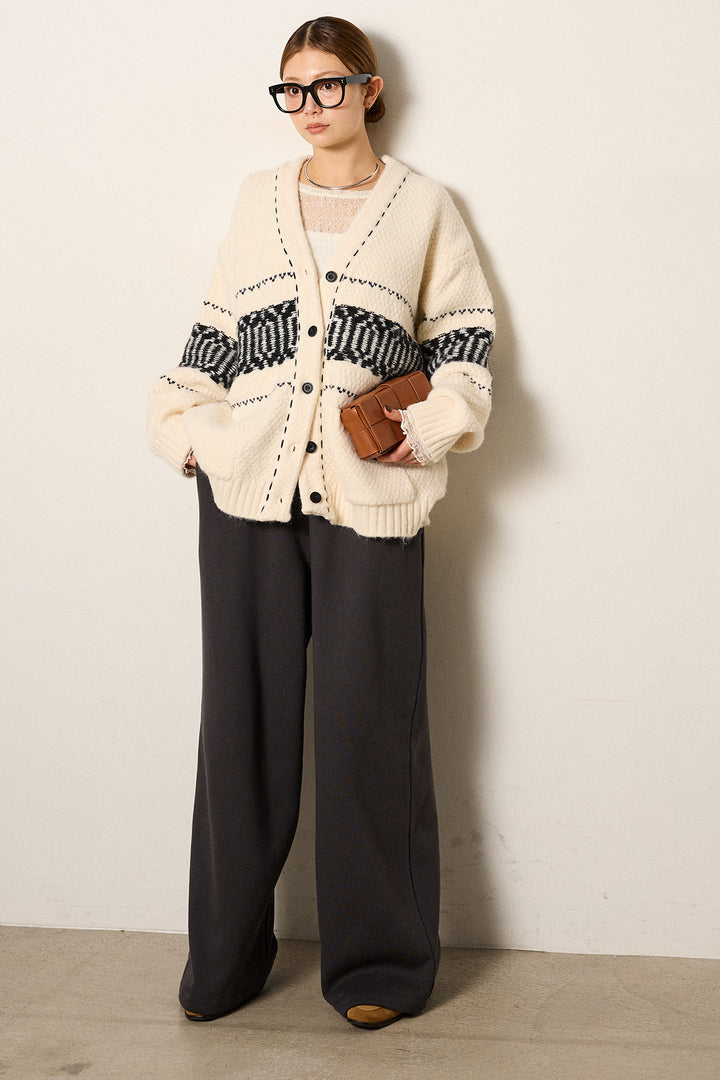 [SET]ライン柄ステッチニットカーディガン+2WAY袖コード刺繍クルーネックプルオーバー+裏起毛スウェットワイドパンツ(3set)