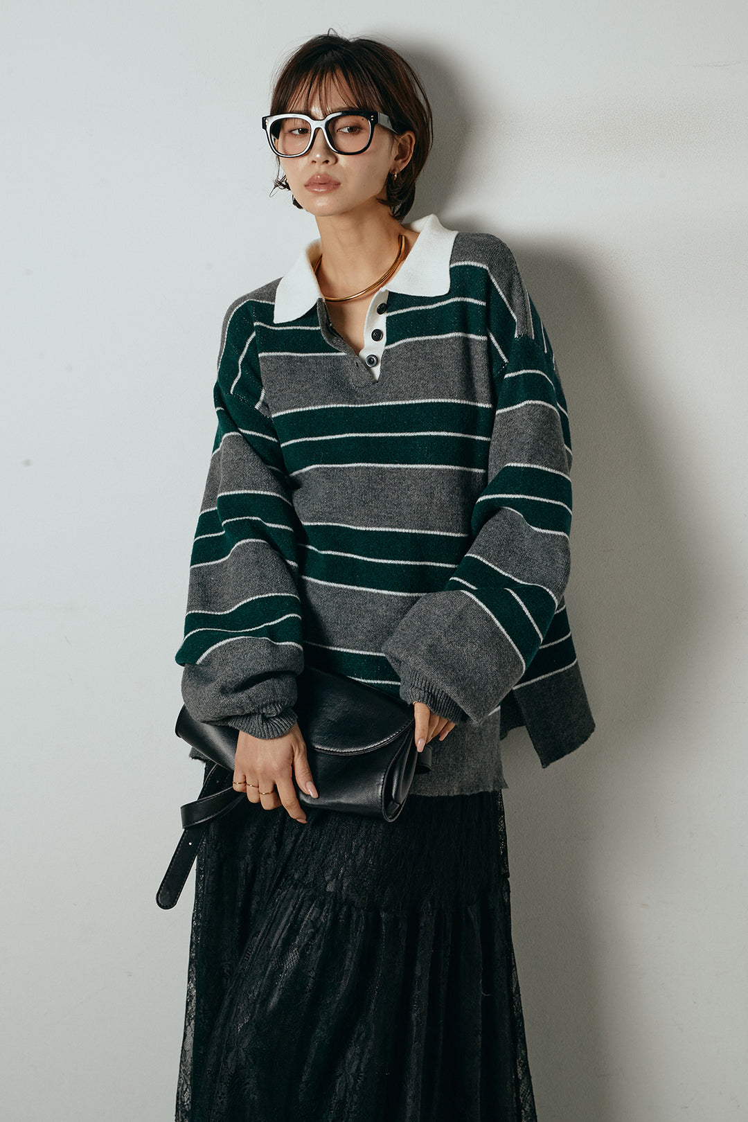 [SET]ラガーニットボーダーポロプルオーバー+ひげレース切替ロング丈スカート(2set)
