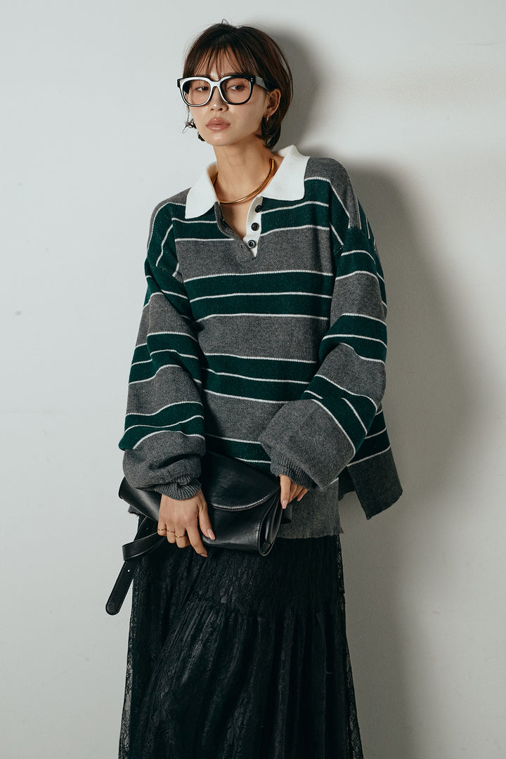 [SET]ラガーニットボーダーポロプルオーバー+ひげレース切替ロング丈スカート(2set)