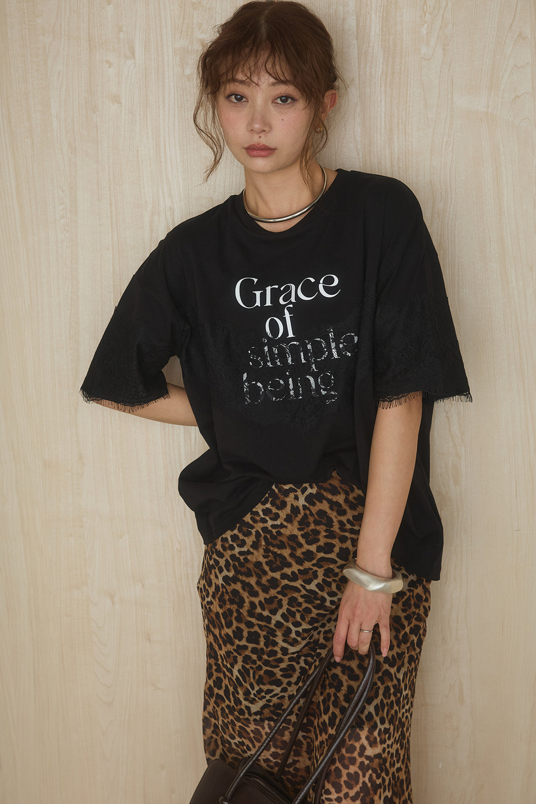 [SET]レースロゴプリントTシャツ+レオパード柄スカート(2set)
