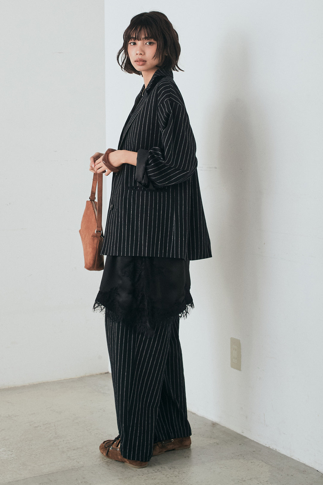 [SET]リネンライクストライプテーラードジャケット+リネンライクストライプタックイージーパンツ(2set)