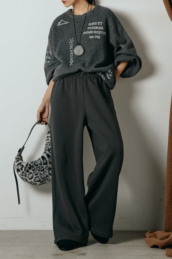 [SET]刺繍ロゴランダムデザインニットトップス+裏起毛スウェットワイドパンツ(2set)