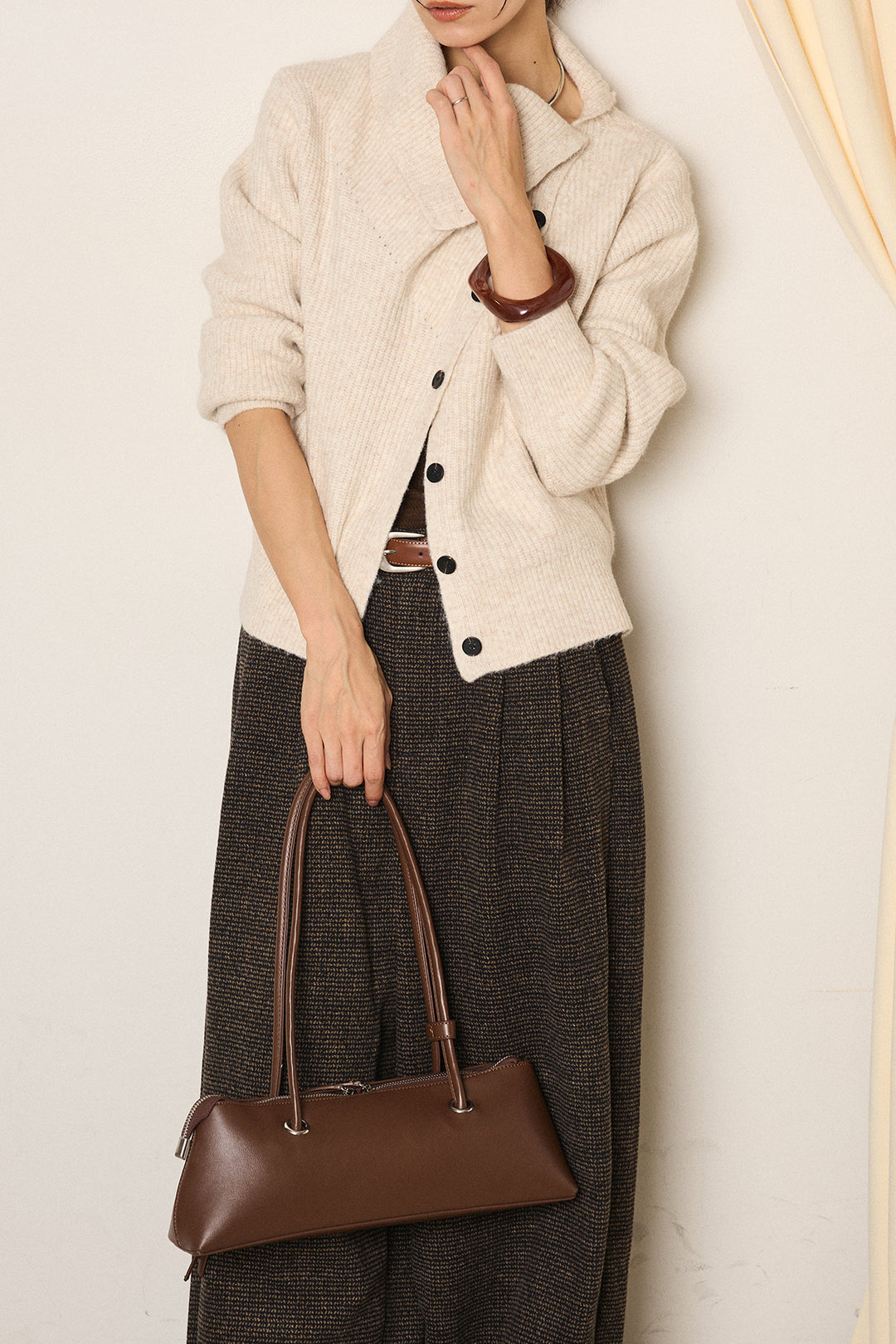 [SET]ボタンデザインネックニットプルオーバー+起毛タック入りツイードワイドパンツ(2set)