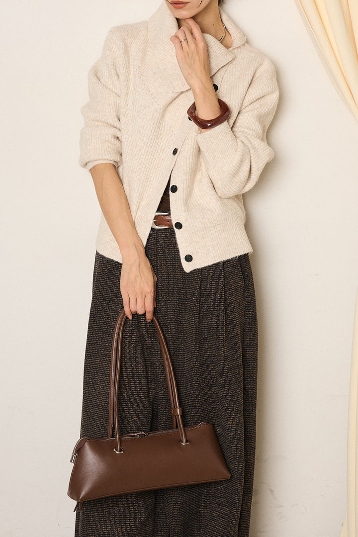 [SET]ボタンデザインネックニットプルオーバー+起毛タック入りツイードワイドパンツ(2set)