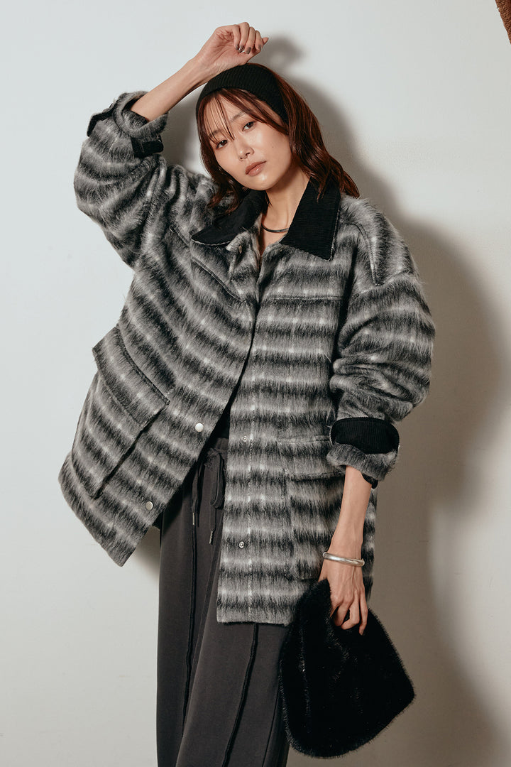 [SET]チェックシャギーミドルカバーオール+フロントラインデザインワイドスウェットパンツ(2set)