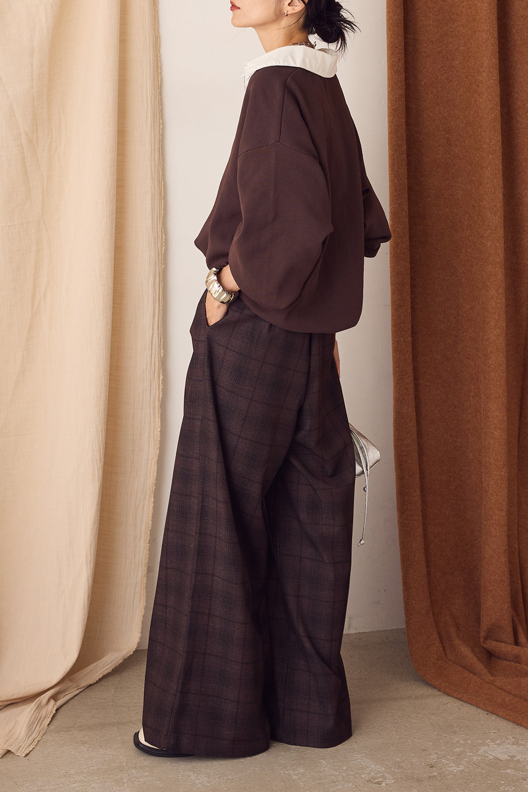 【即納】タック入りタータンチェックワイドパンツ