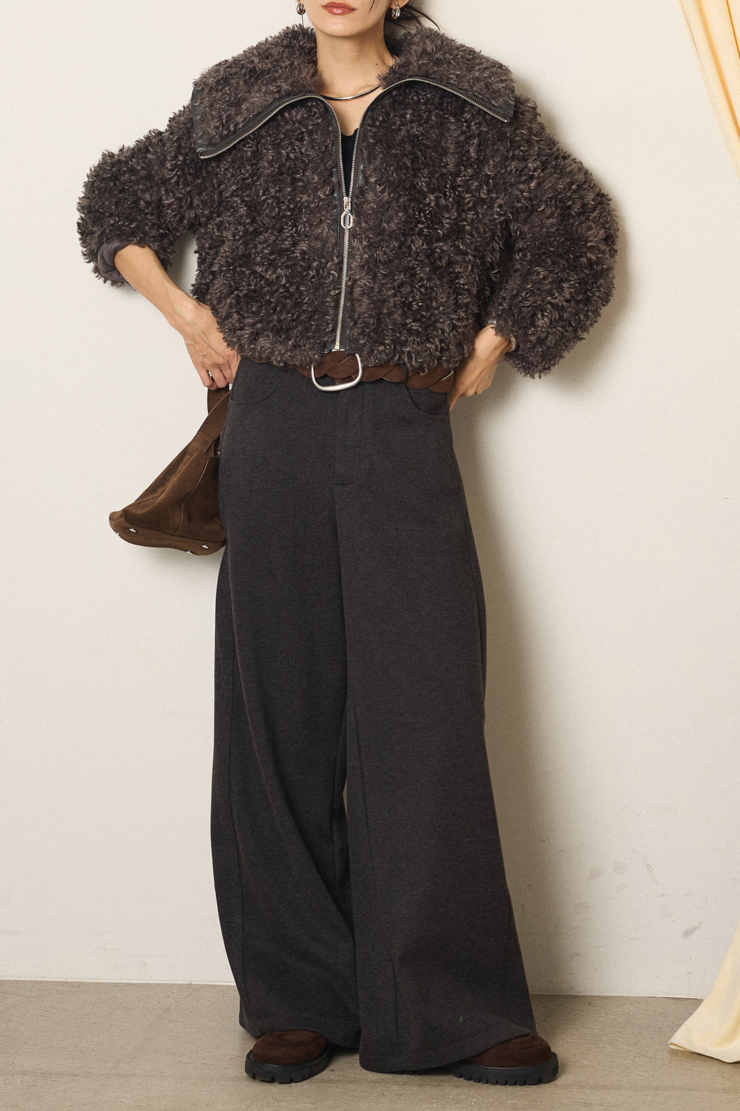 [SET]ビッグカラープードルボアアウター+編みベルト付きワイドパンツ(2set)