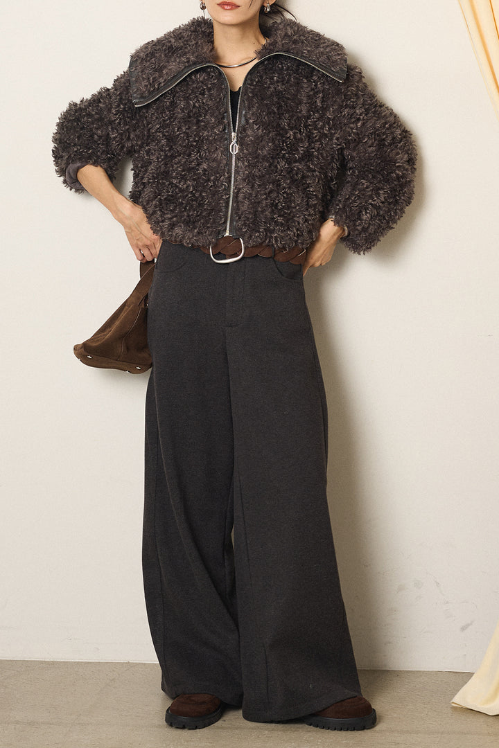 [SET]ビッグカラープードルボアアウター+編みベルト付きワイドパンツ(2set)