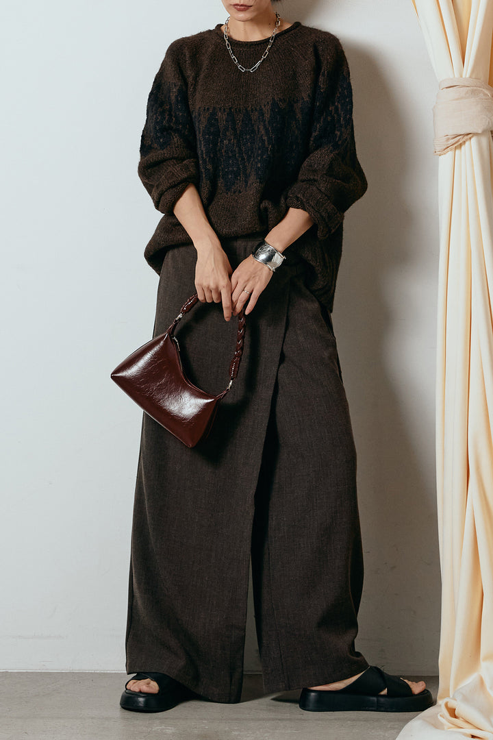 [SET]モノトーン柄ニットトップス+ラップ巻きワイドスラックス(2set)