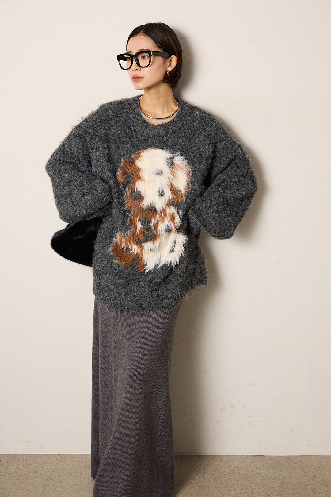 [SET]シャギーニュアンスアニマルニット+リブナローニットスカート(2set)