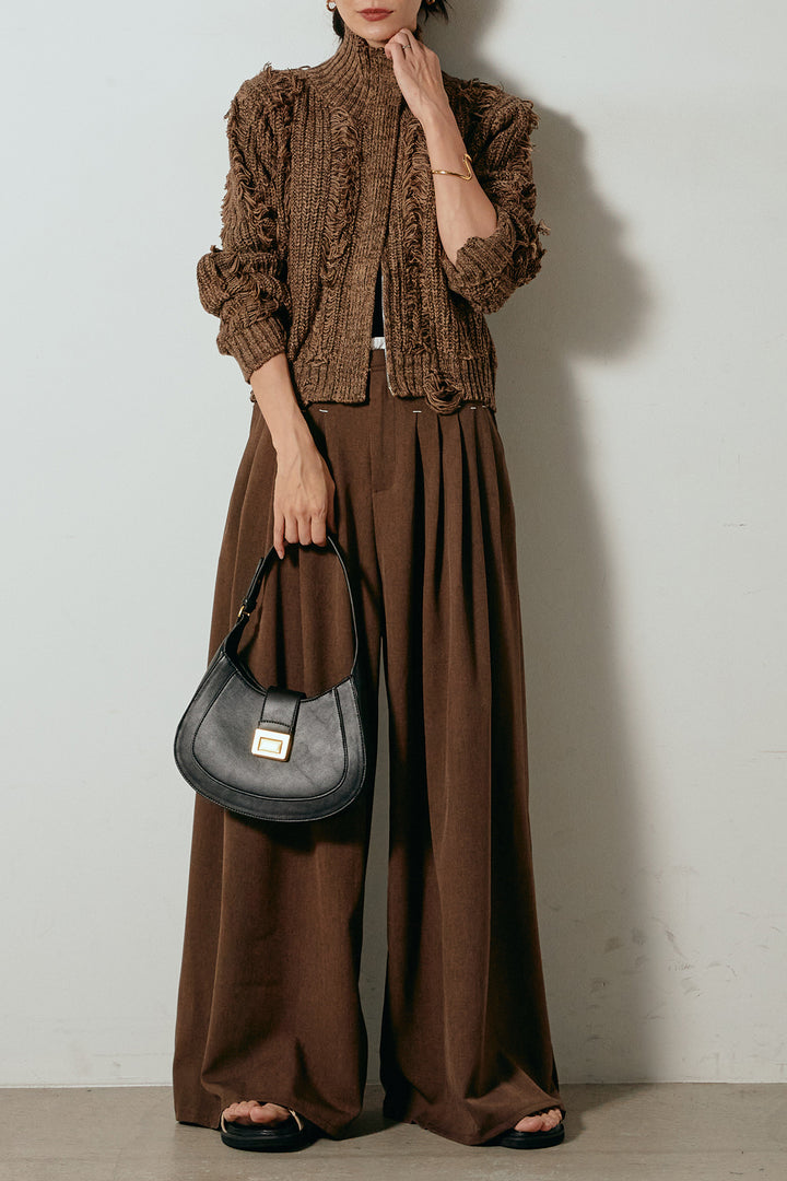 [SET]ハイネックフリンジジップニットトップス+ウエストステッチデザインワイドスラックス(2set)