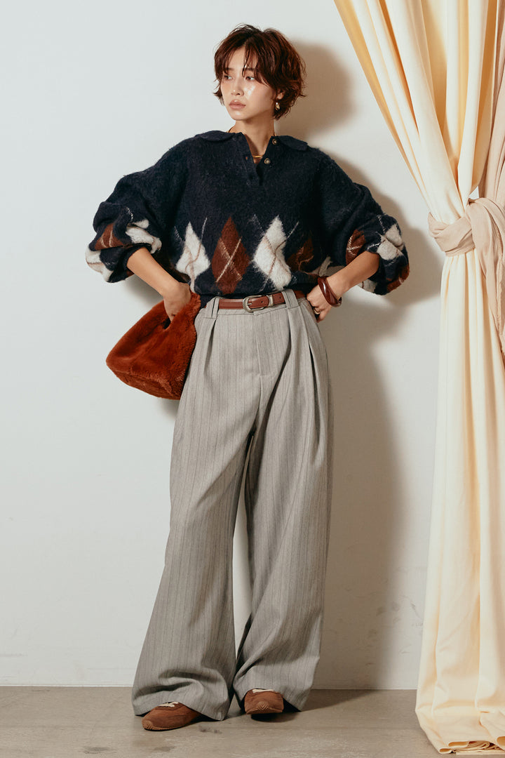 [SET]アーガイル柄ポロニットトップス+ストライプヘリンボーンパンツ(2set)