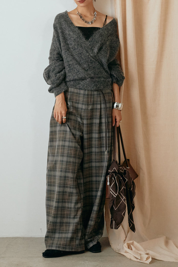 [SET]カシュクールデザインニット+編みベルト付きタータンチェックワイドパンツ(2set)