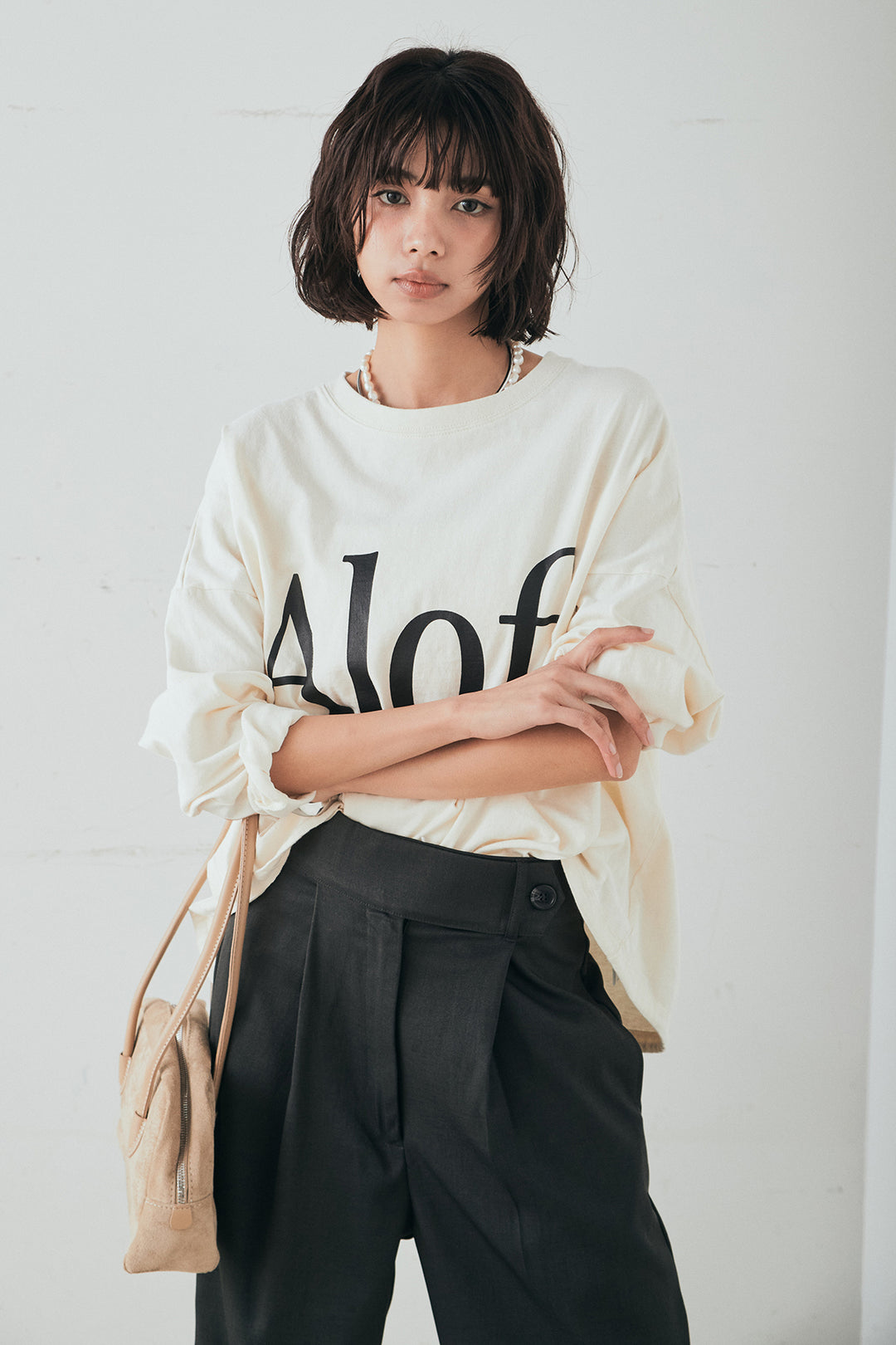 [SET]裾センタードロストロゴプリントワイドTシャツ+センタープレスセミワイドパンツ(2set)