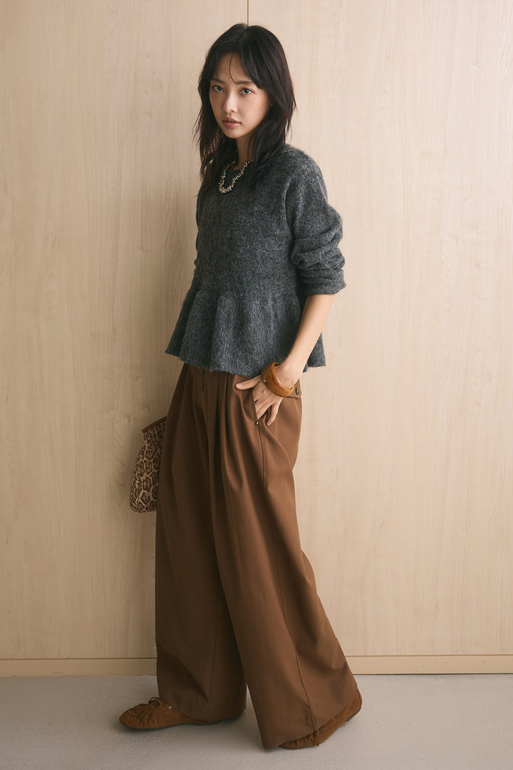 [SET]モヘアぺプラムクルーネックプルオーバー+ファイブボタンツータックワイドパンツ(2set)