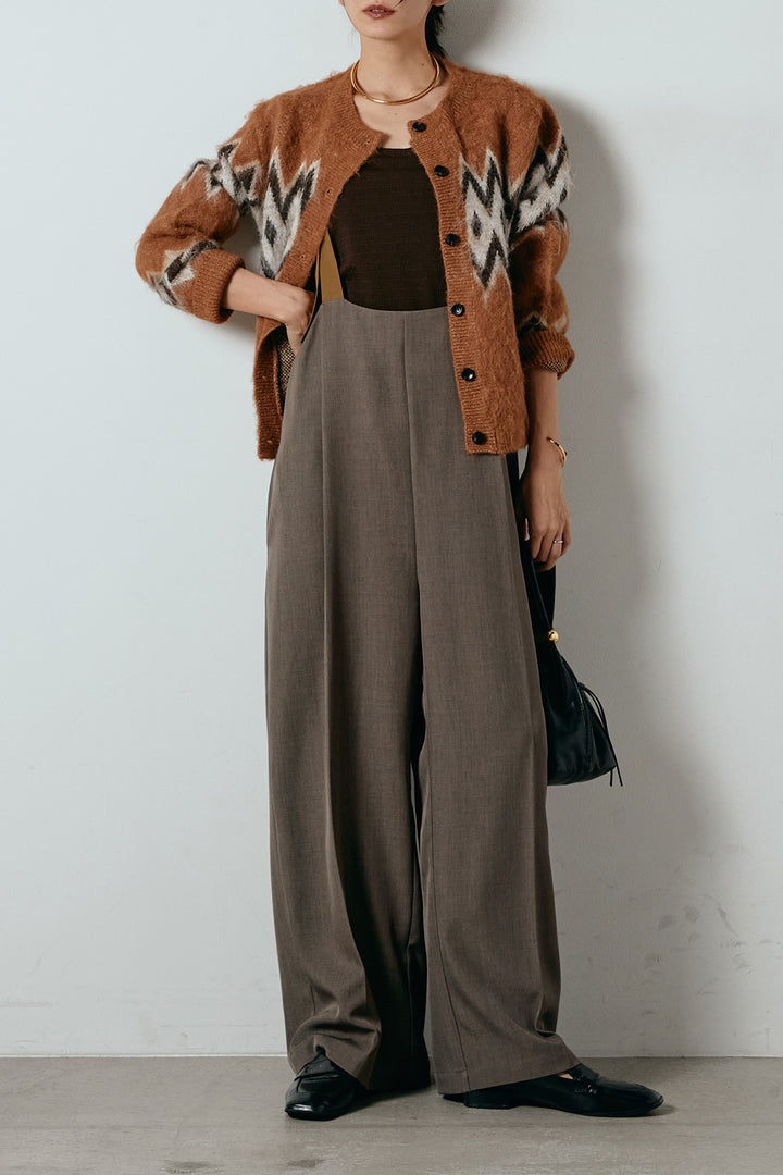 [SET]起毛ノルディック柄ニットカーディガン+ワイドツイルサロペット(2set)