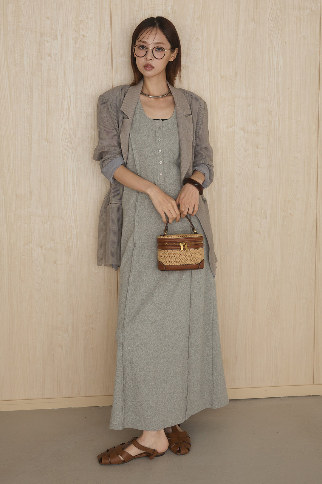 [SET]メッシュテーラードワイドジャケット+ノースリロングワンピース(2set)