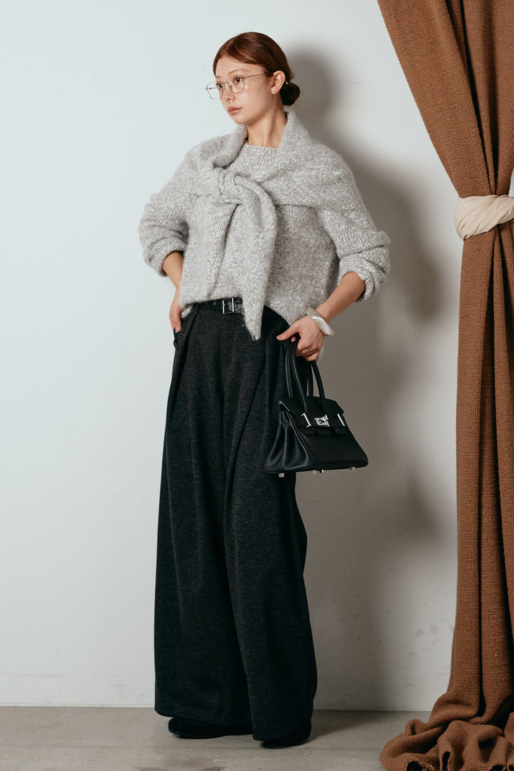 [SET]スカーフ付きミックスニットトップス+細ベルト付き起毛タックワイドパンツ(2set)