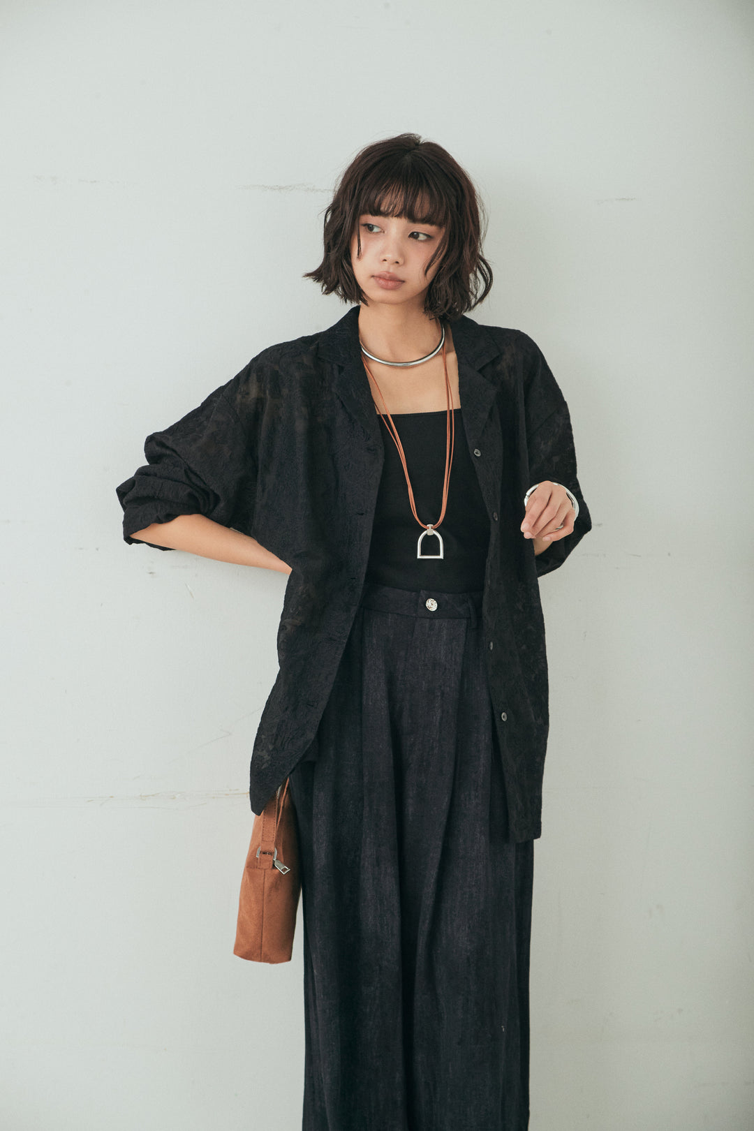 [SET]刺繍シアーオープンカラーシャツ+リネン混かすれ柄ワイドパンツ(2set)