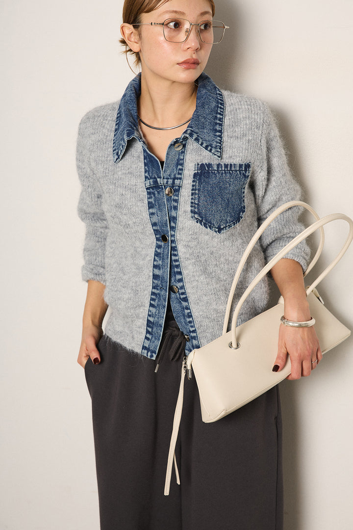 [SET]襟付きデニム切替ニットカーディガン+裏起毛スウェットワイドパンツ(2set)